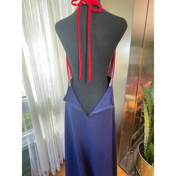 Vintage 70s halter dress, red and navy blue, polyester, nautical maxi, 8/10 (M) - Picture 7 of 10
